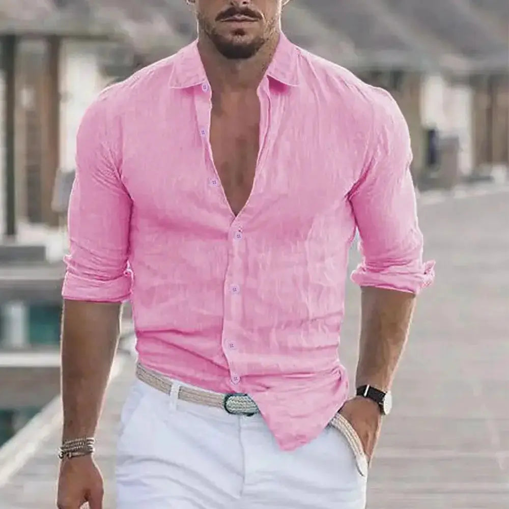 Men's pink cotton-linen long-sleeve shirt with open placket, solid beachwear style