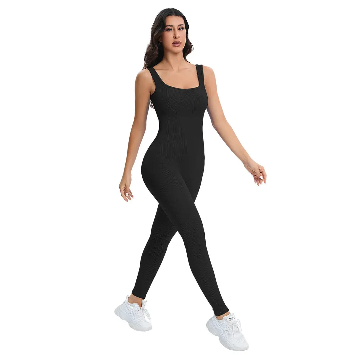 Shapewear jumpsuit for women in black ribbed fabric with built-in bra, square neck and sleeveless romper.