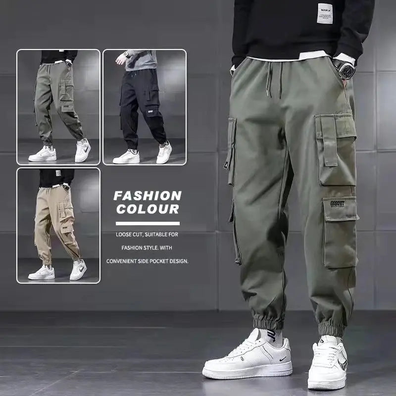 Men's cargo pants for winter outdoor wear by Simples Market; olive color with multiple pockets