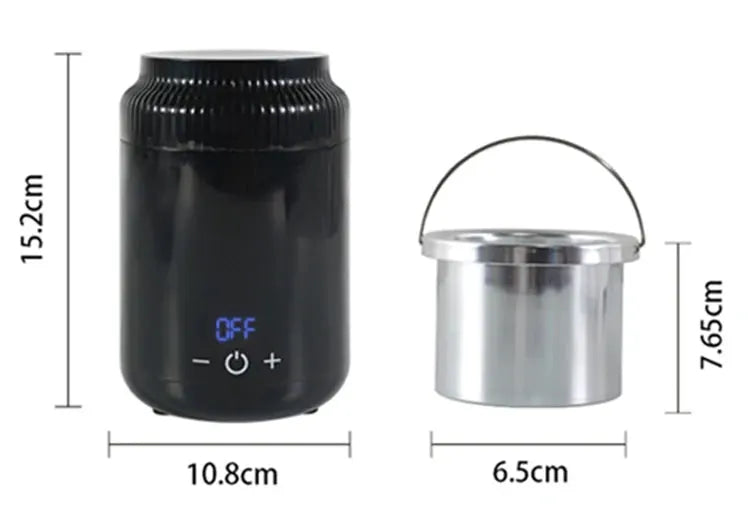 Two-piece wax heater and melting pot set; black digital heater with LED display and a silver metal melting pot.