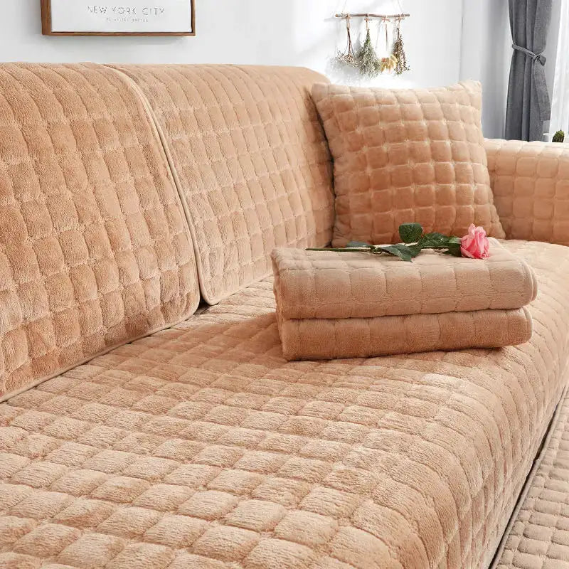 Velvet sofa cover set in warm beige plaid with plush quilted texture, non-slip universal fit