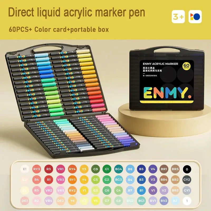 ENMY direct liquid acrylic marker pen set by Simples Market, 60 colors in a portable black case
