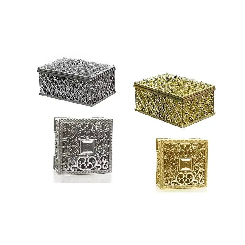 2 Pcs Mini Treasure Storage Jewelry Boxes Silver Color Hollow Flower Pattern Case For Necklace Earrings Ring