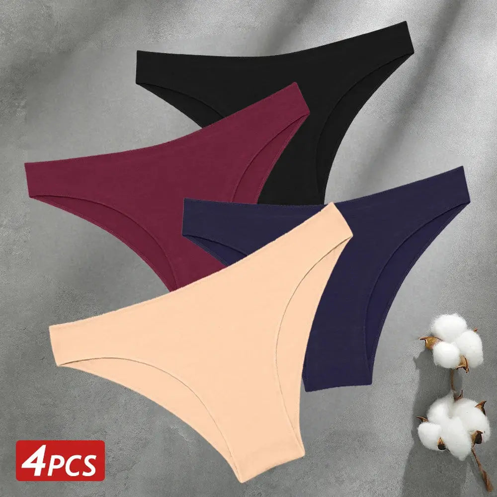 4-pack seamless cotton women's panties in black, maroon, navy, and peach; breathable low-rise briefs.