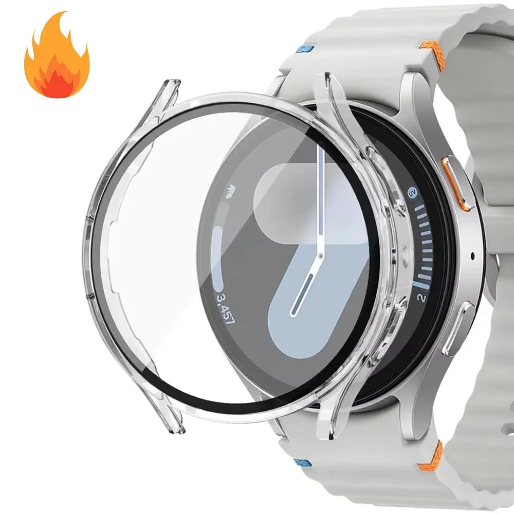 Clear hard PC watch case with tempered glass screen protector for Samsung Galaxy Watch.