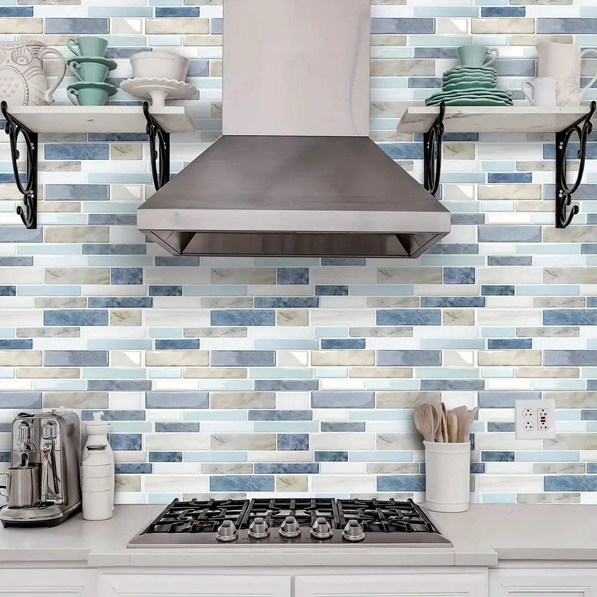 Kitchen tile stickers 25pcs; marble pattern blue, white and beige mosaic, self-adhesive, waterproof