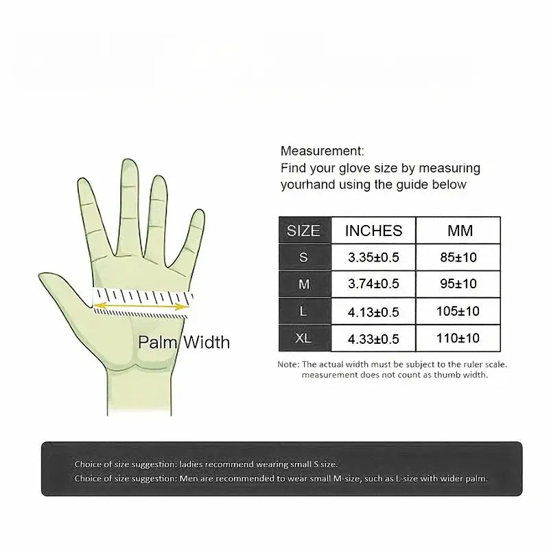 Simples Market black nitrile disposable gloves sizing guide with palm-width diagram and S–XL size chart