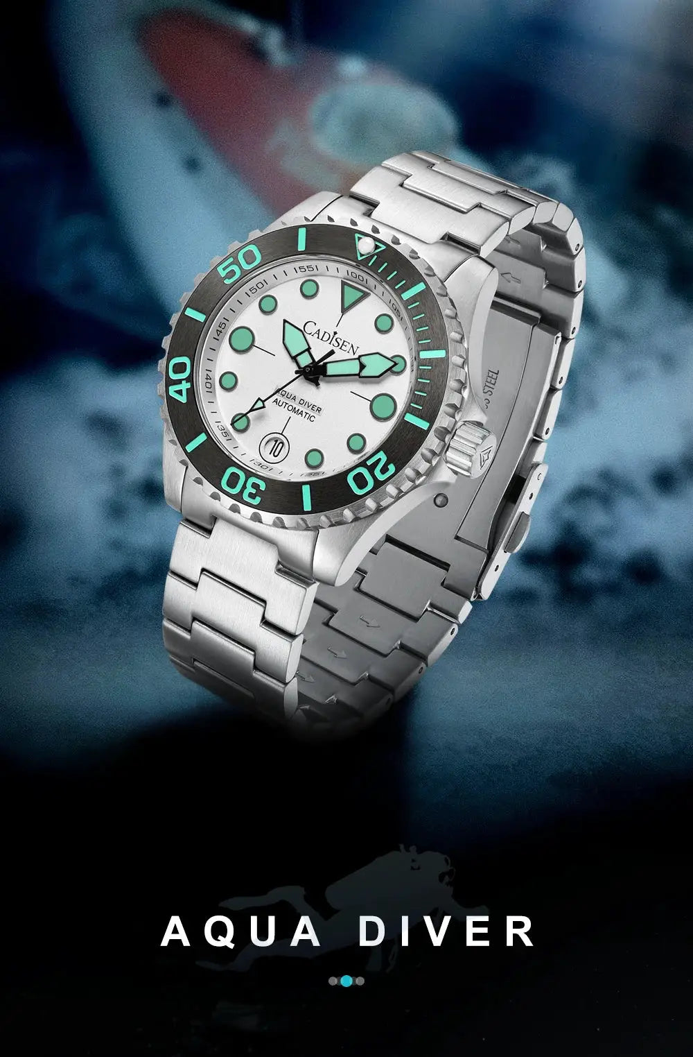 Cadisen Aqua Diver automatic watch with stainless steel band, white dial, teal lume markers and bezel, 100m WR.
