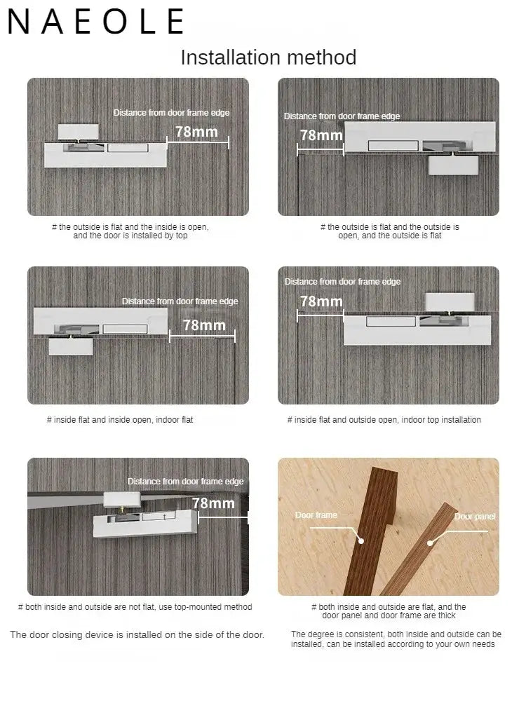 Simples Market door closer stopper with installation diagrams showing 78mm spacings for multiple mounting options.