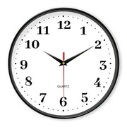 8-inch silent white wall clock with bold black numerals, red second hand, quartz battery-powered.
