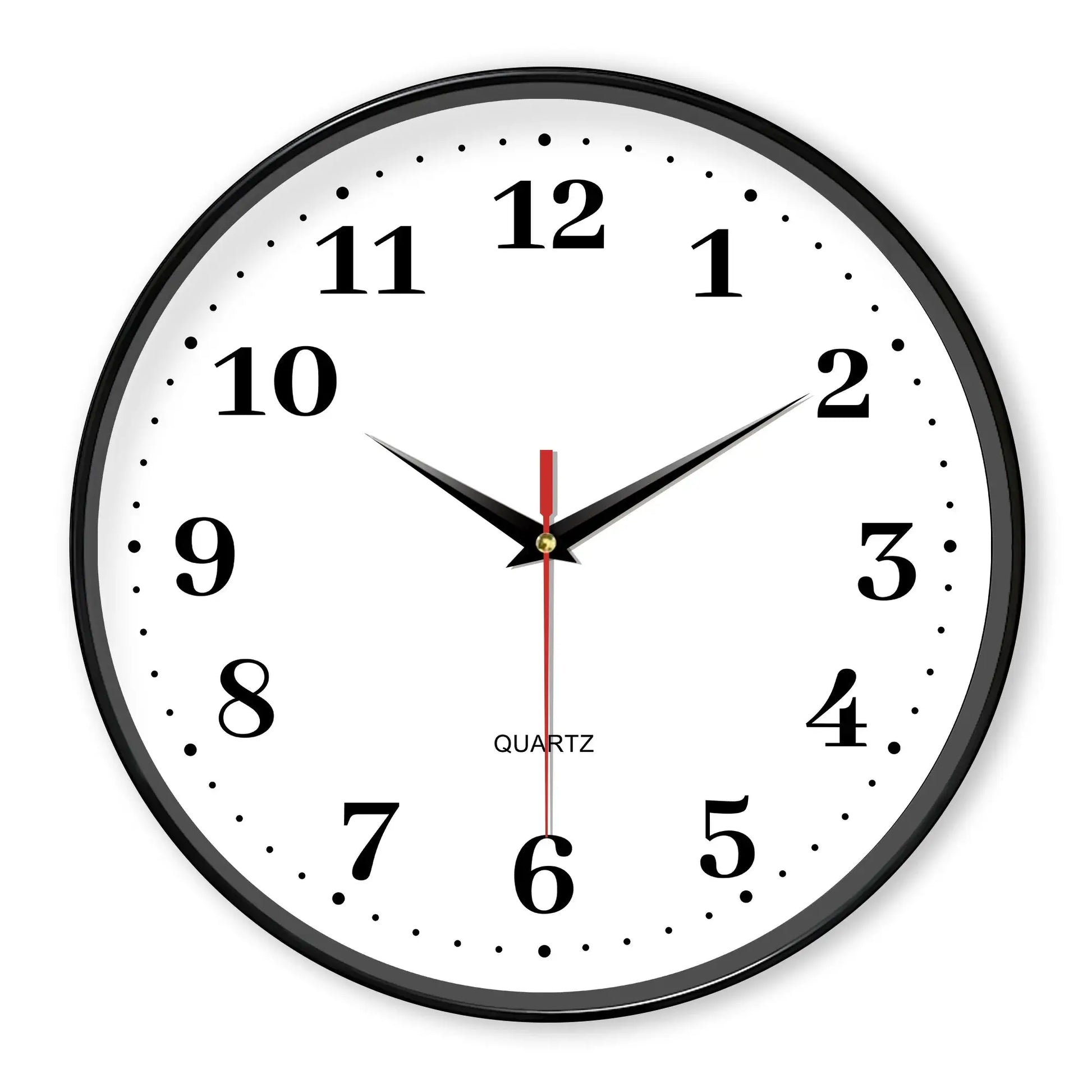 8-inch silent white wall clock with bold black numerals, red second hand, quartz battery-powered.
