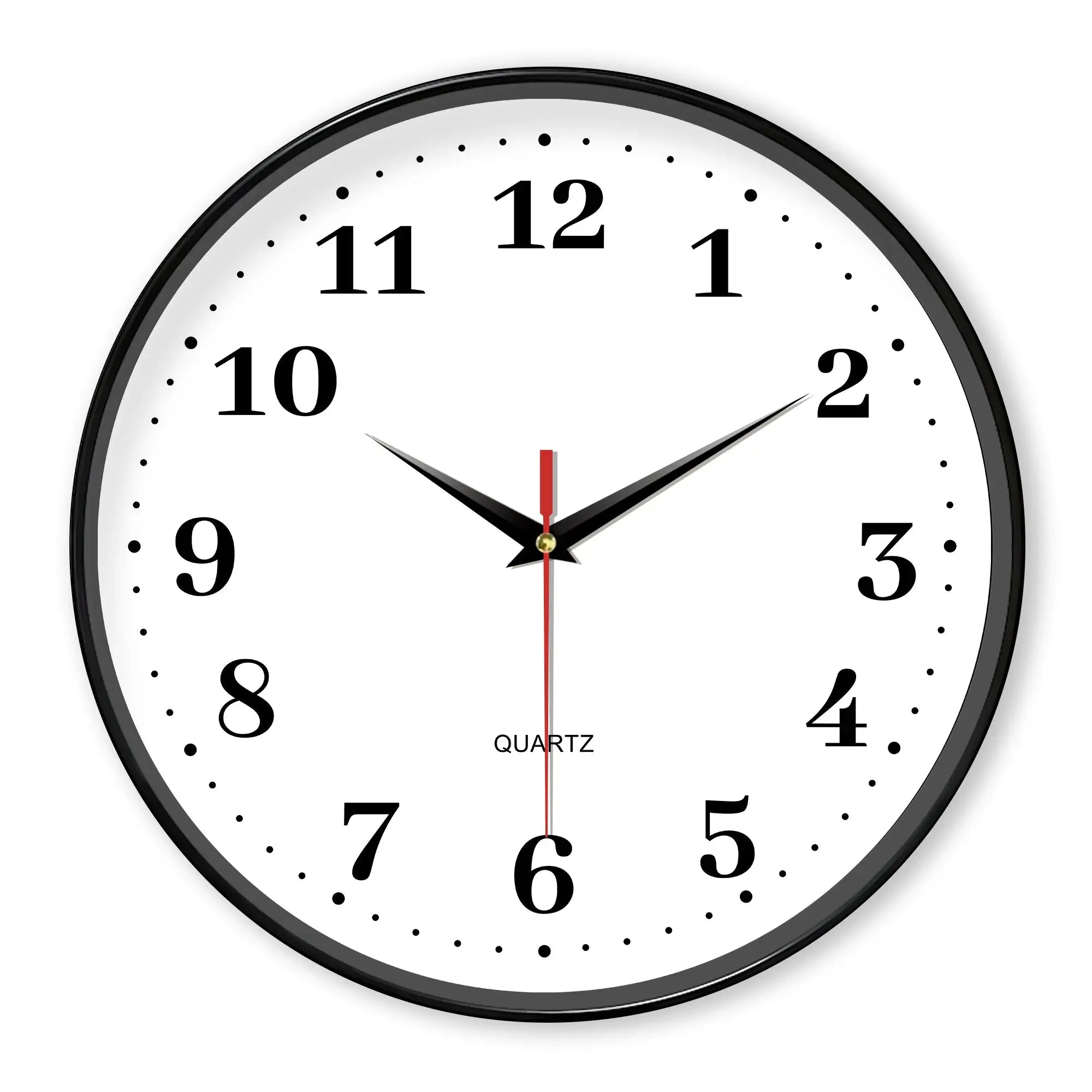 8-inch silent white wall clock with bold black numerals, red second hand, quartz battery-powered.