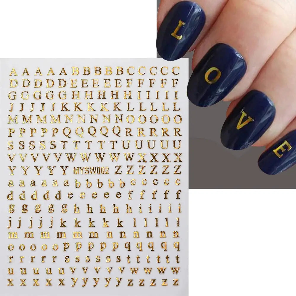 Gold 3D Roman letter nail stickers sheet, 1pc by Simples Market; shown on dark-blue nails