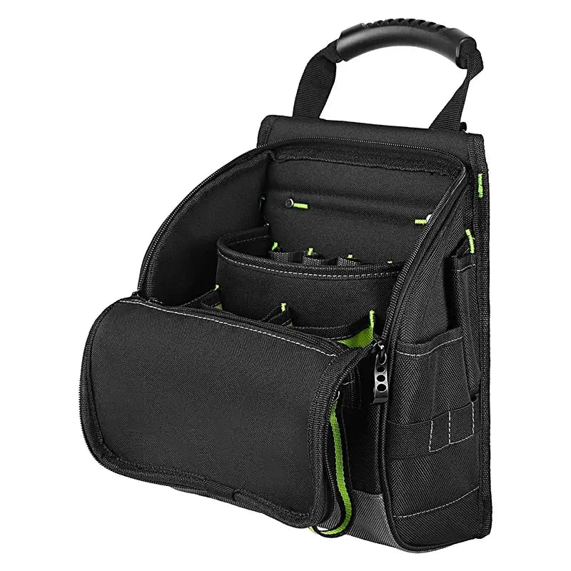 JAKAH electrician tool pouch JK-208, black with green accents, ergonomic multi-pocket design with rubber handle.