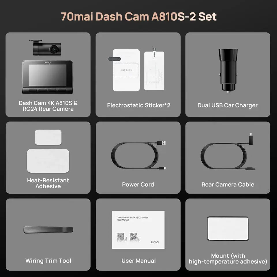 70mai Dash Cam A810S-2 9-piece set: dash cam, rear camera, dual USB charger, cables, adhesive pads, mount, manual