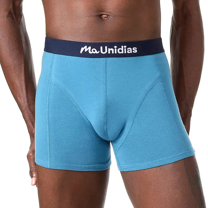 Men's blue cotton boxer shorts with navy Ma Unidias waistband