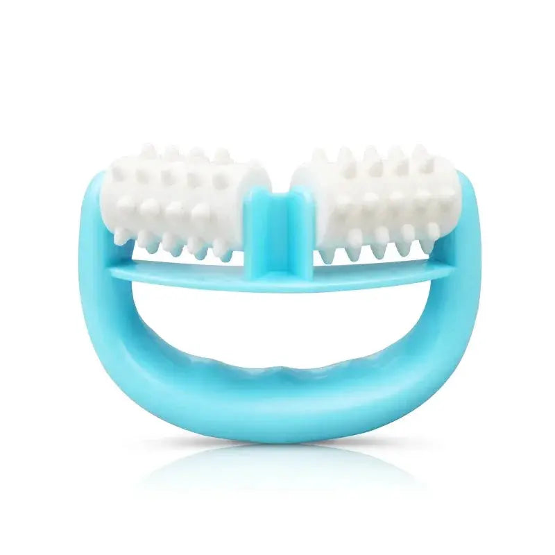 Handheld anti-cellulite massager roller by Simples Market with blue U-shaped handle and white rollers
