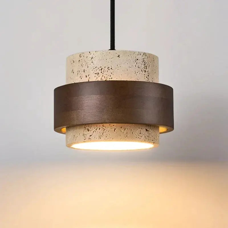 Led pendant lamp with speckled stone drum and dark walnut wood band, warm ambient light, Simples Market