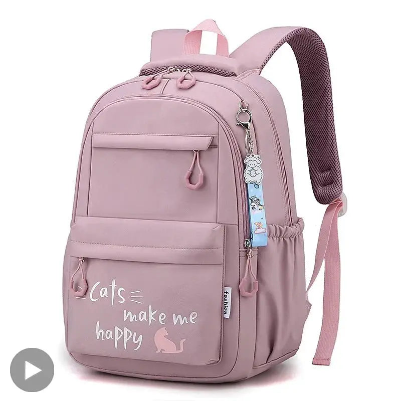 Pink Kawaii School Backpack featuring a cute design with a cat motif and practical storage for school and travel.