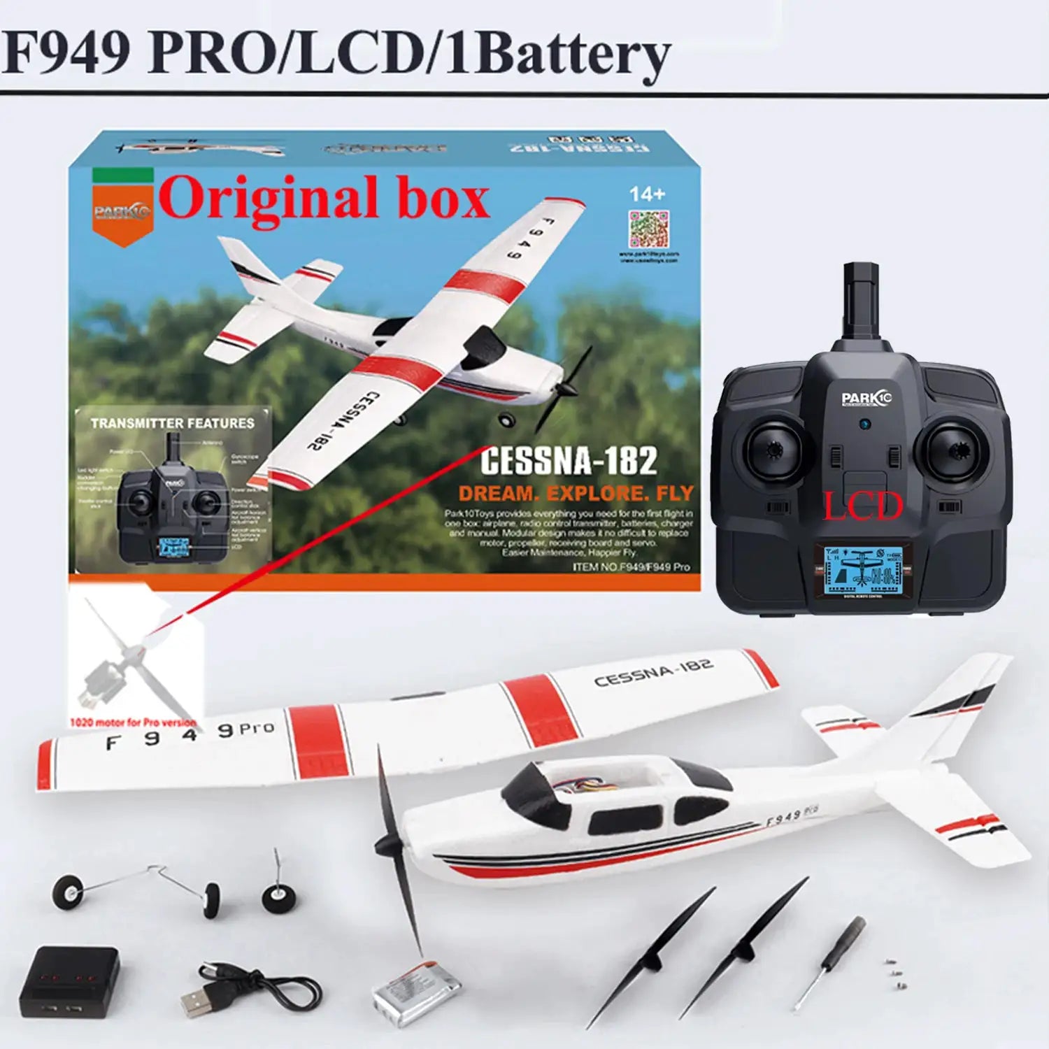 RC airplane WLtoys F949 LCD Cessna 182 kit with white/red plane, Park transmitter and box