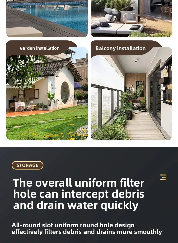 304 stainless steel wall-side floor drain insert with anti-rat debris filter; shown in four outdoor setups.