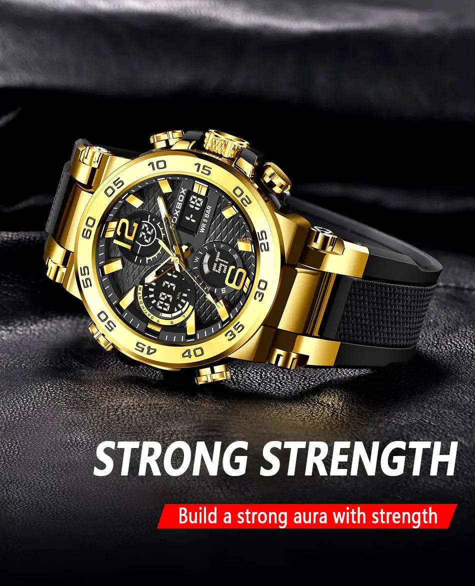 FOXBOX sport men's wristwatch, gold-tone case with black strap, large multi-dial chronograph