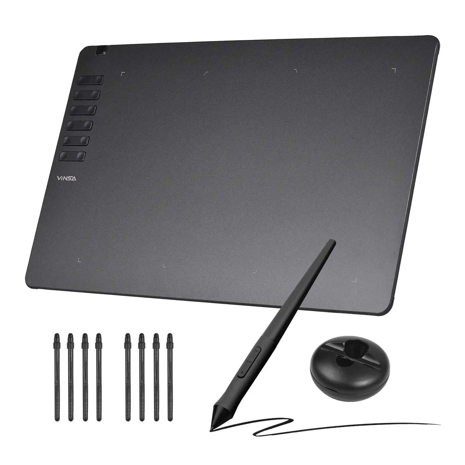 VINSA T1161 slate-gray drawing tablet with battery-free stylus, 8 nibs, 8192 pressure levels