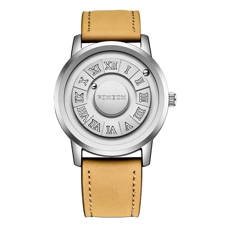 FOXBOX Watch by Simples Market, men's fashion timepiece with tan leather strap and silver stainless-steel case.