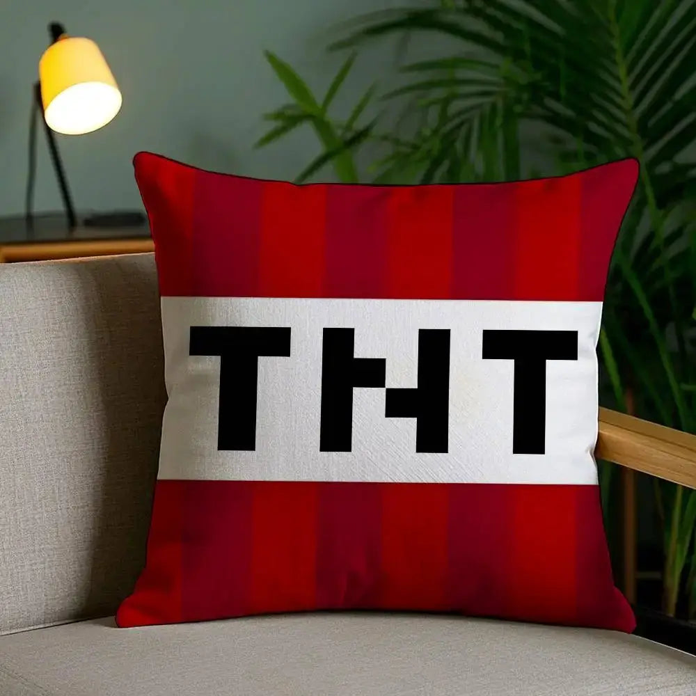 TNT block explosion pillow cover by Simples Market; red striped, double-sided printing, short plush cushion for home or dorm.