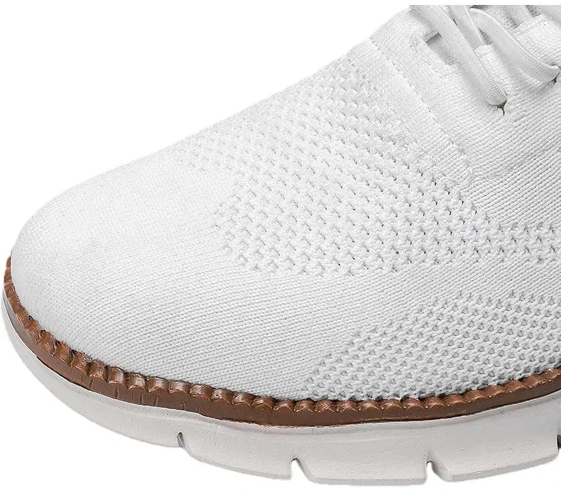Men's white mesh casual sneakers with brown stitched sole, lightweight breathable non-leather
