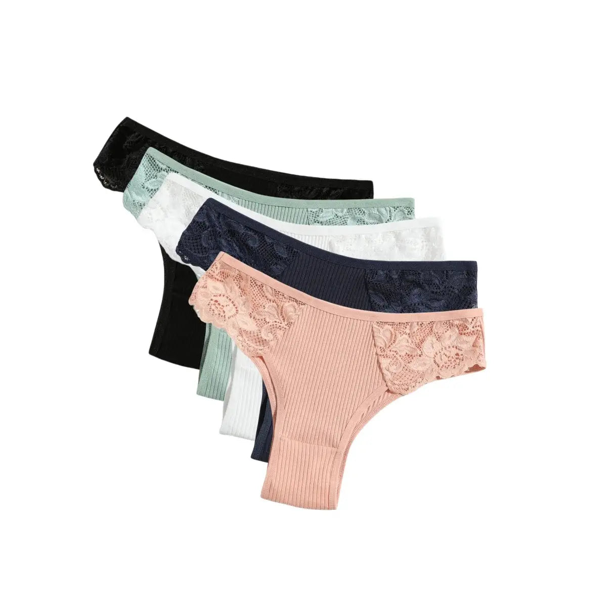 5-pack women cotton panties with floral lace side panels; low-rise ribbed briefs in black, mint, white, navy, and blush.