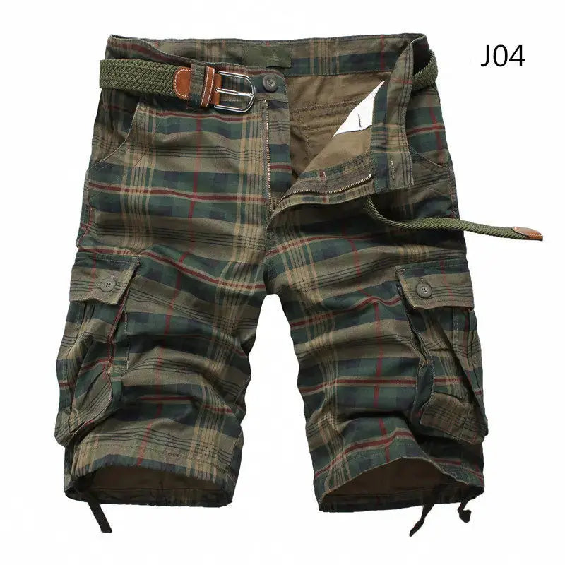 Men's plaid cargo shorts by Simples Market, green/brown military pattern with belt
