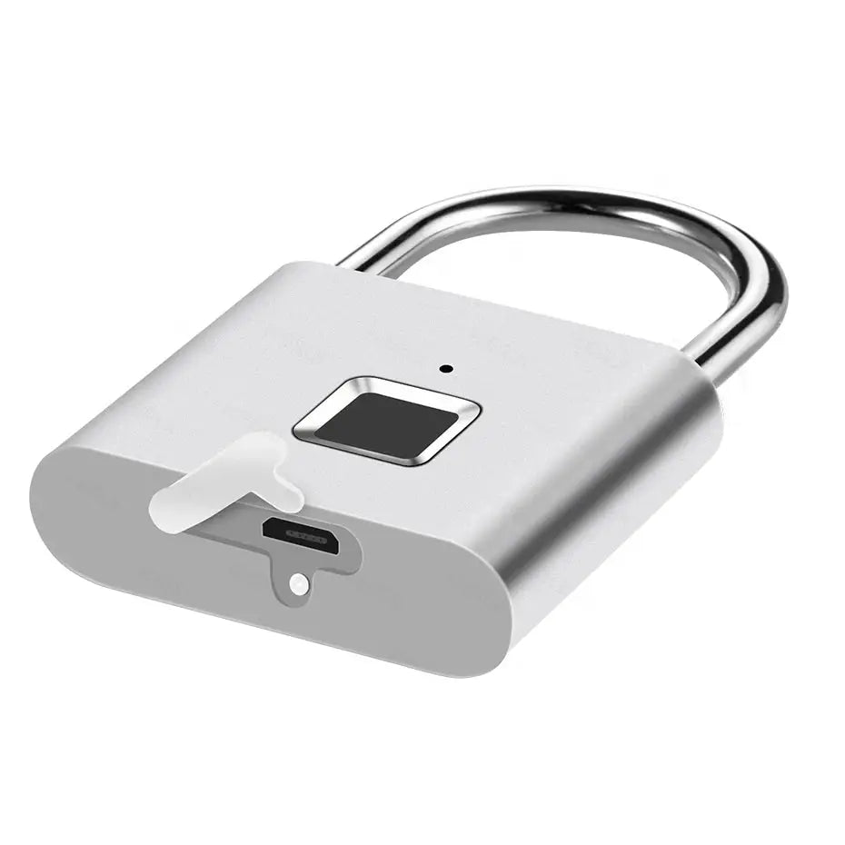 Fingerprint padlock with USB charging, silver zinc-alloy body and fingerprint sensor