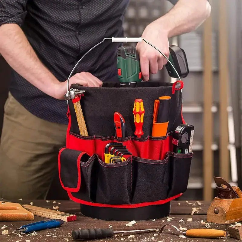 Oxford cloth tool bucket belt with red trim and multiple pockets, Simples Market