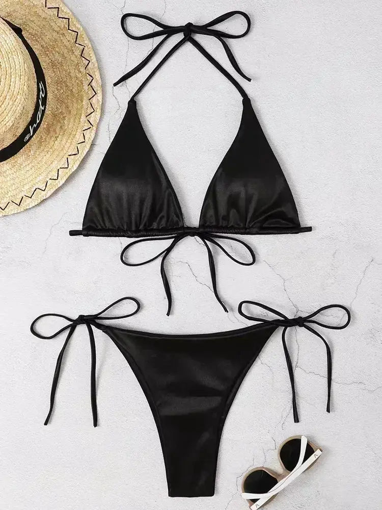 Simples Market black halter Brazilian metallic satin bikini set, two-piece with high-cut bottoms