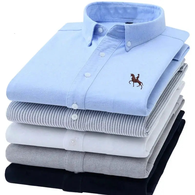 Men's oxford shirt set of 7; casual pure cotton, top light blue with horse embroidery