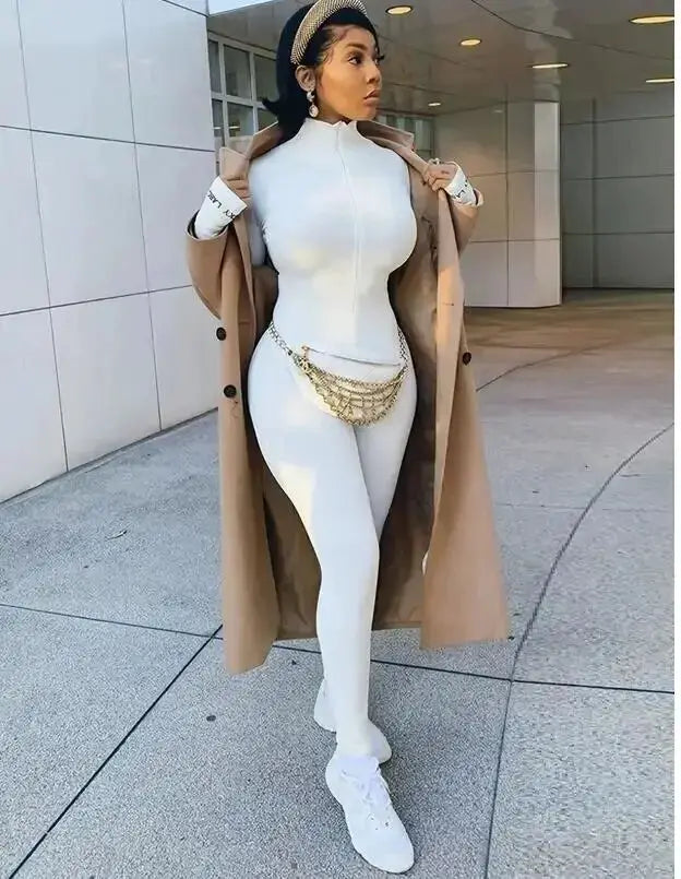 Jumpsuit white knitted bodycon with long sleeves and skinny fit