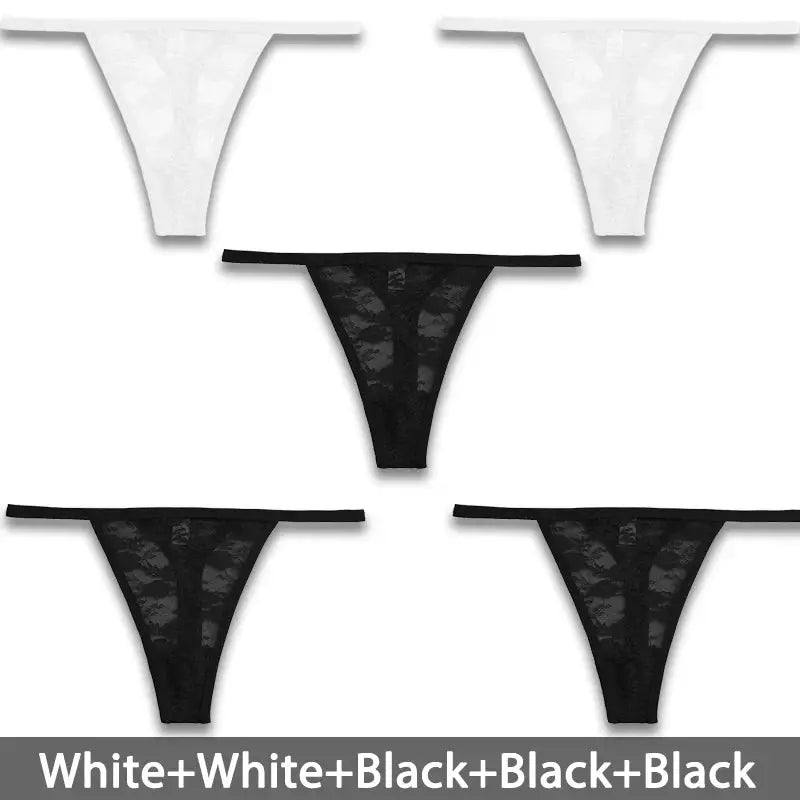 5-piece women's lace thong underwear set in white and black with floral lace.