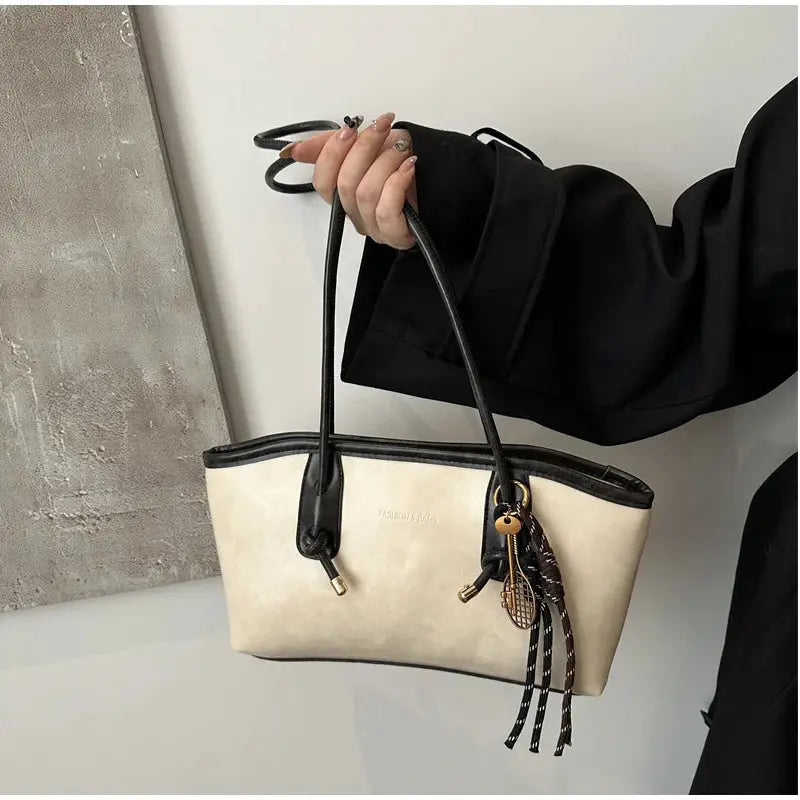 European American Retro Tote Bag by Simples Market, beige with black trim, large-capacity handbag with pendant charm