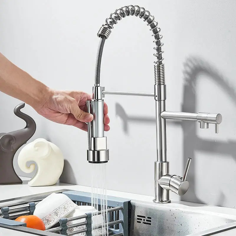 Simples Market chrome pull-down kitchen faucet with flexible spring hose and spray head