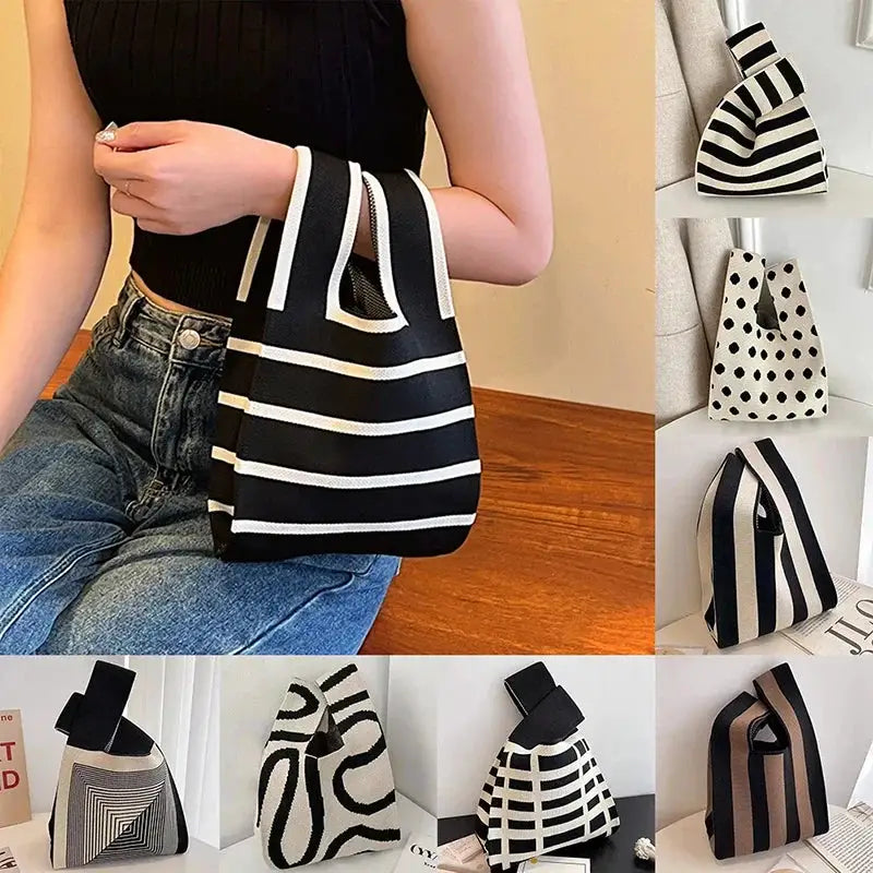 Handbag by Simples Market: mini woven tote in black-and-white stripes; shown in eight pattern variations.