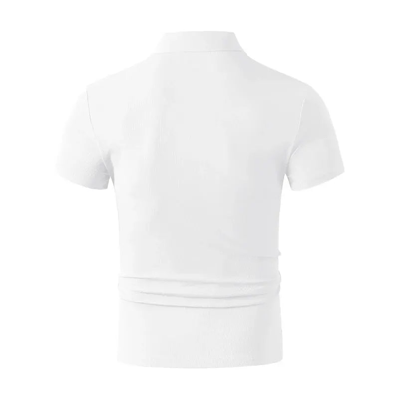 Men's white polo shirt with short sleeves and collar
