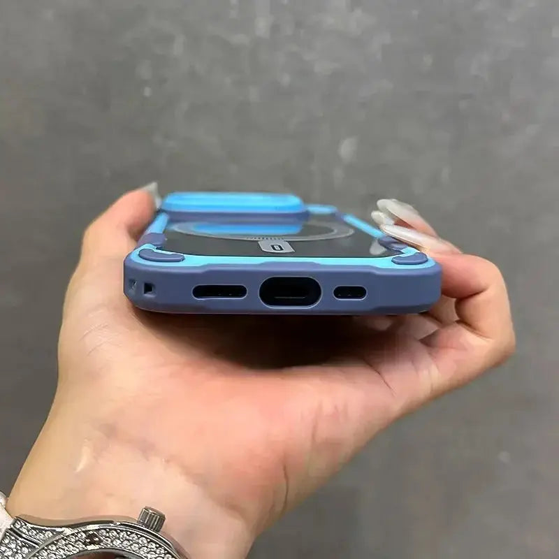 Armor Fold Lens Stand MagSafe phone case in blue; shockproof, protective bumper