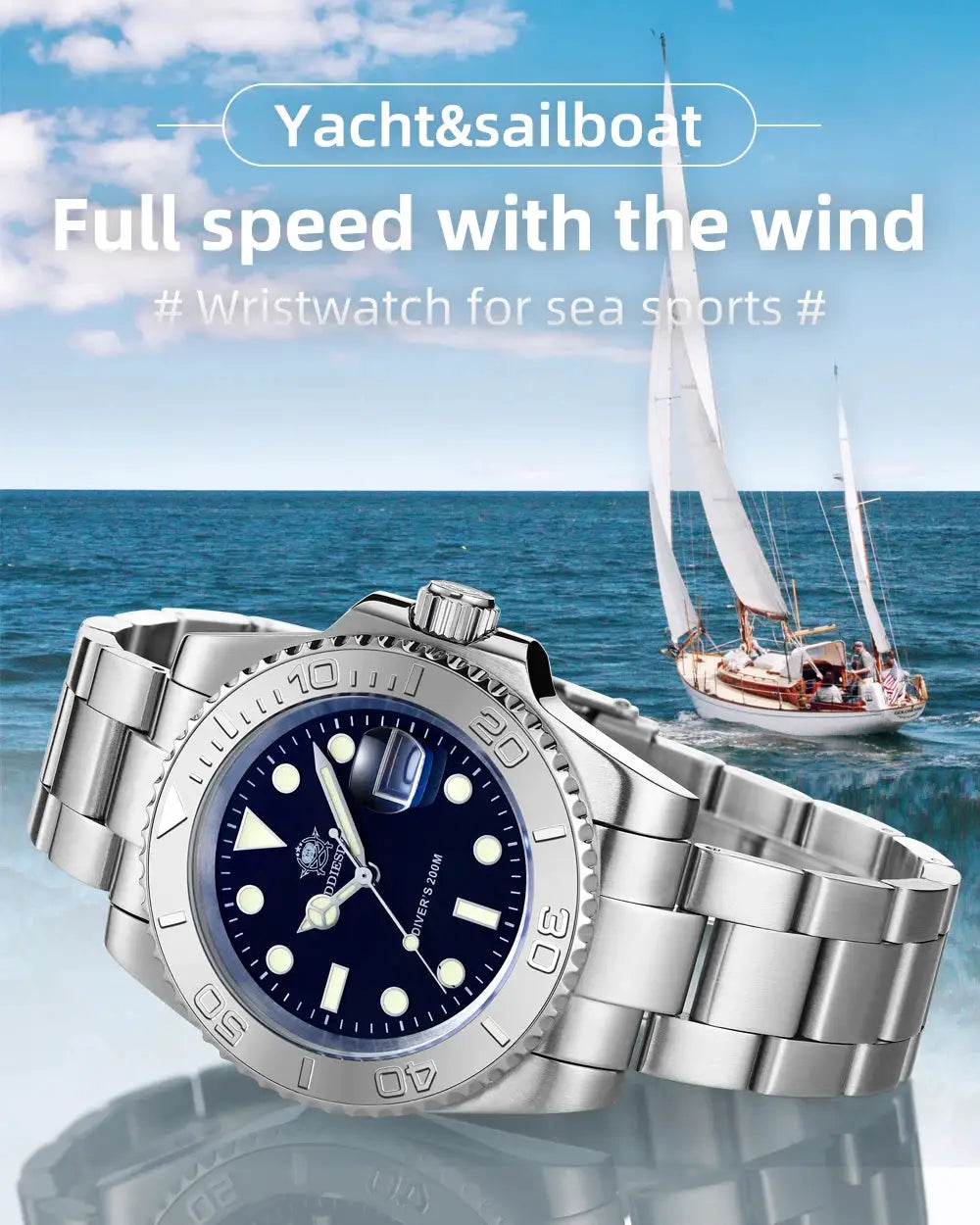 Addiesdive men's quartz diving watch with blue dial and stainless steel bracelet, 200m water resistant