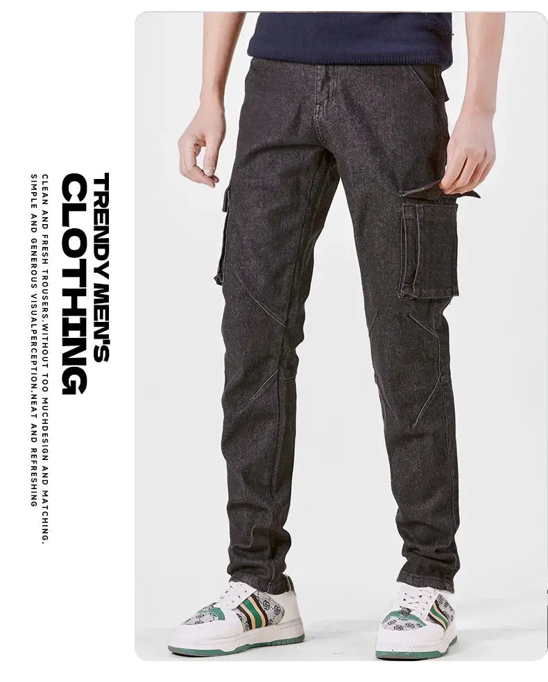Men's street-style elastic waist denim cargo pants by Simples Market, washed black with multiple pockets, slim fit.