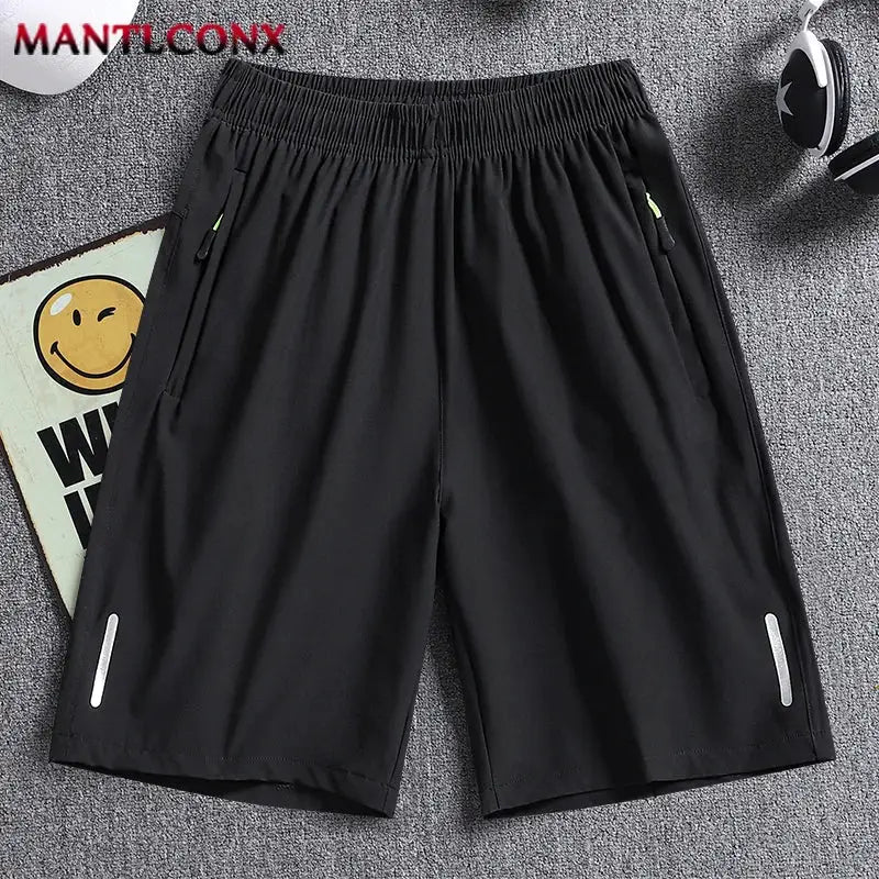 Black quick-dry jogging shorts, 3XL, elastic waist, zip pockets with neon-green pulls, reflective side strips