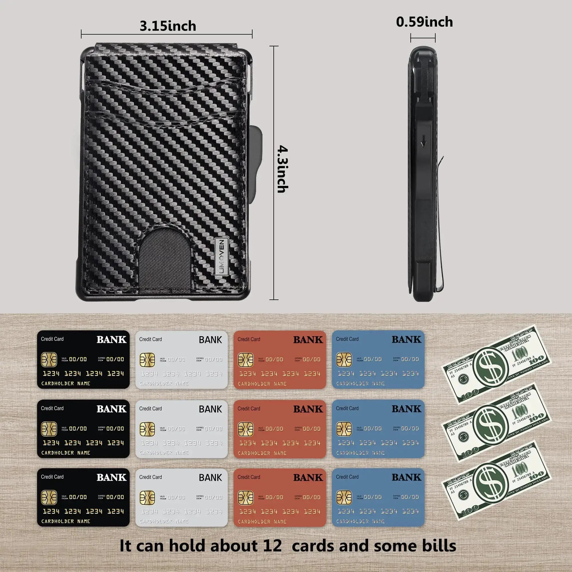 Simples Market men's black carbon-fiber minimalist wallet with money clip and ID window; RFID blocking, holds 9–13 cards