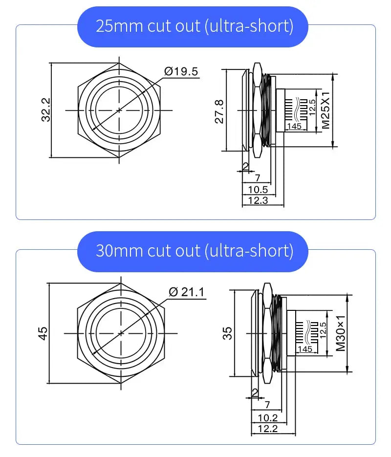 Simples Market LED push button switch, ultra-short, two sizes 25mm/30mm, waterproof metal, momentary self-reset with wire