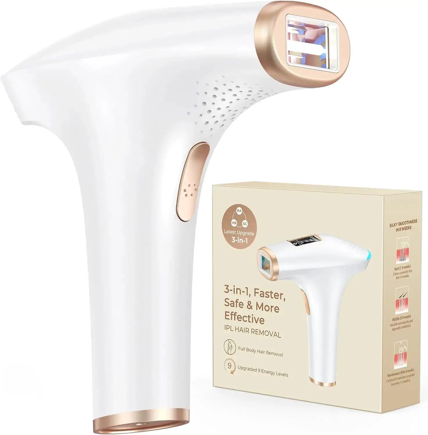 Simples Market 3-in-1 IPL hair removal device for home use; white with rose-gold accents, shown with packaging.