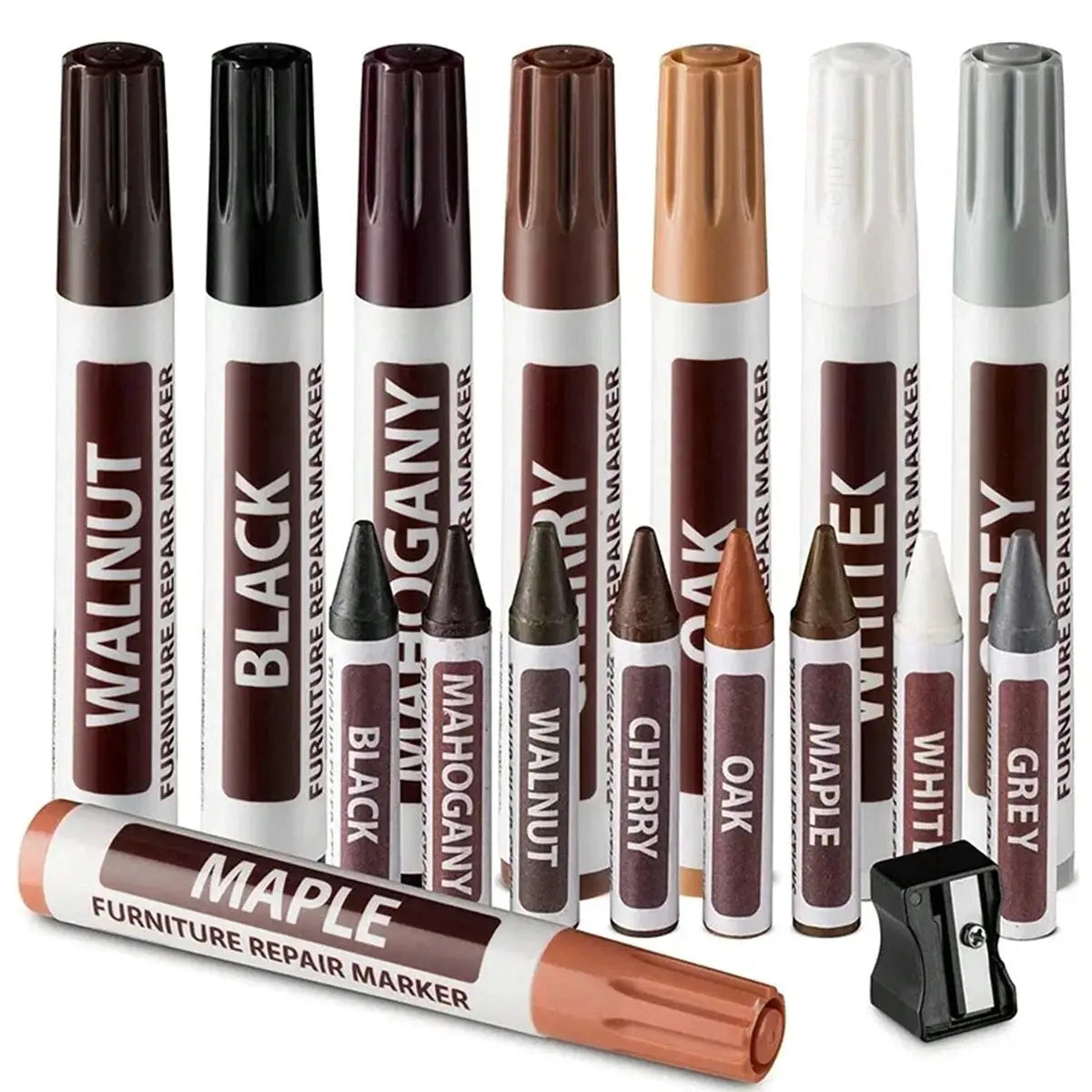 Furniture repair marker set in assorted brown tones with white bodies